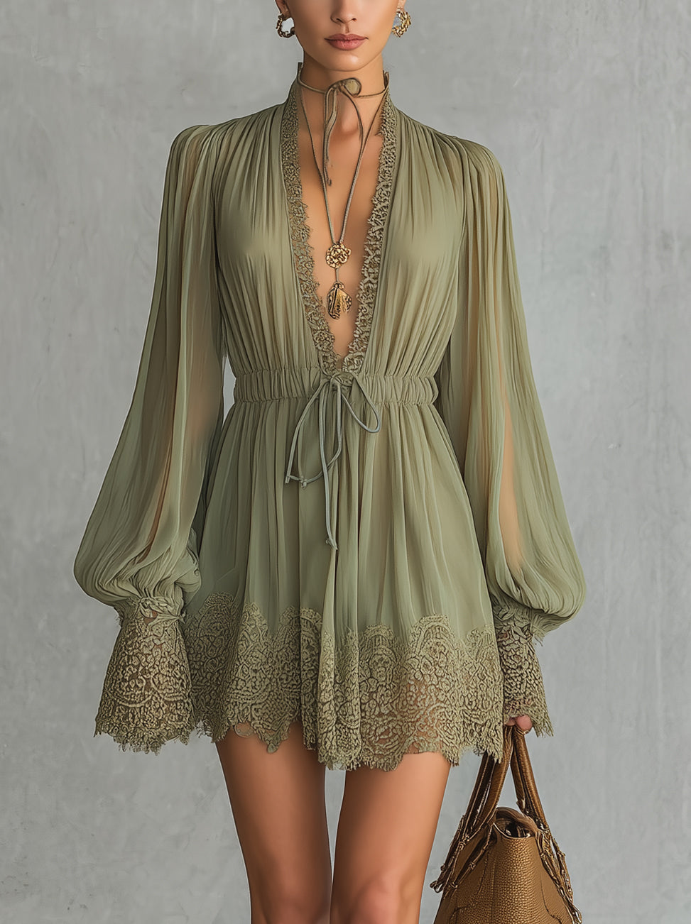 Green Deep V-Neck Lace Trim Chiffon Mini Dress