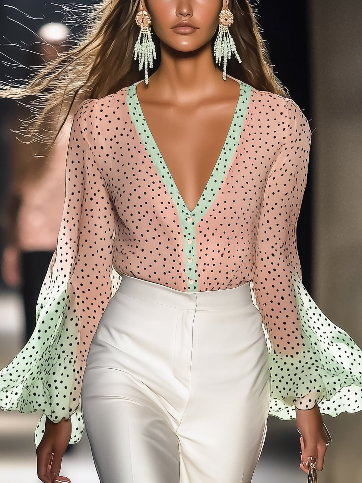 Chic Polka Dot Sheer Blouse With Ombre Sleeves And Green Trim