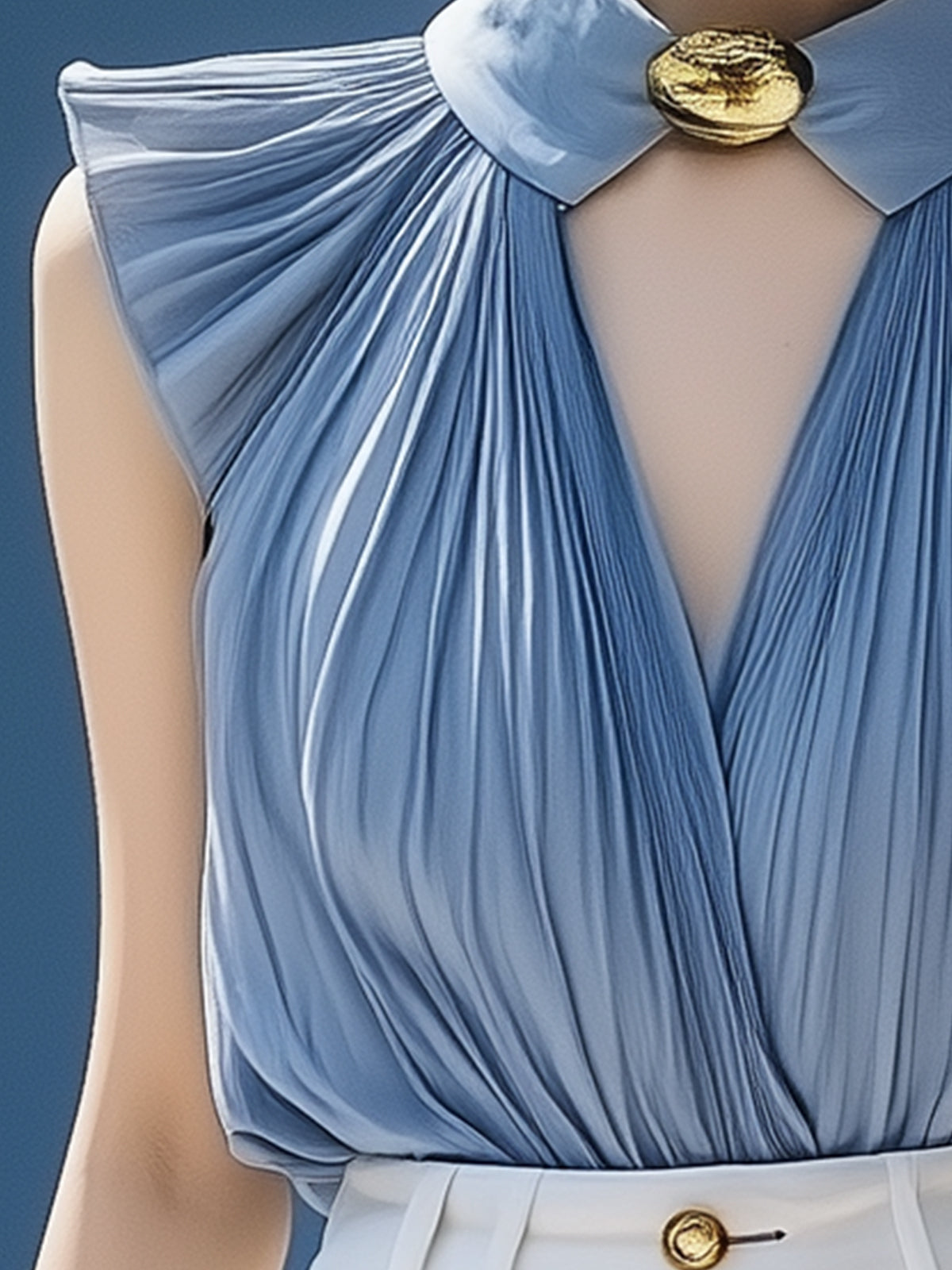 Unique Pleated Chiffon Blouse with Cutout Neckline