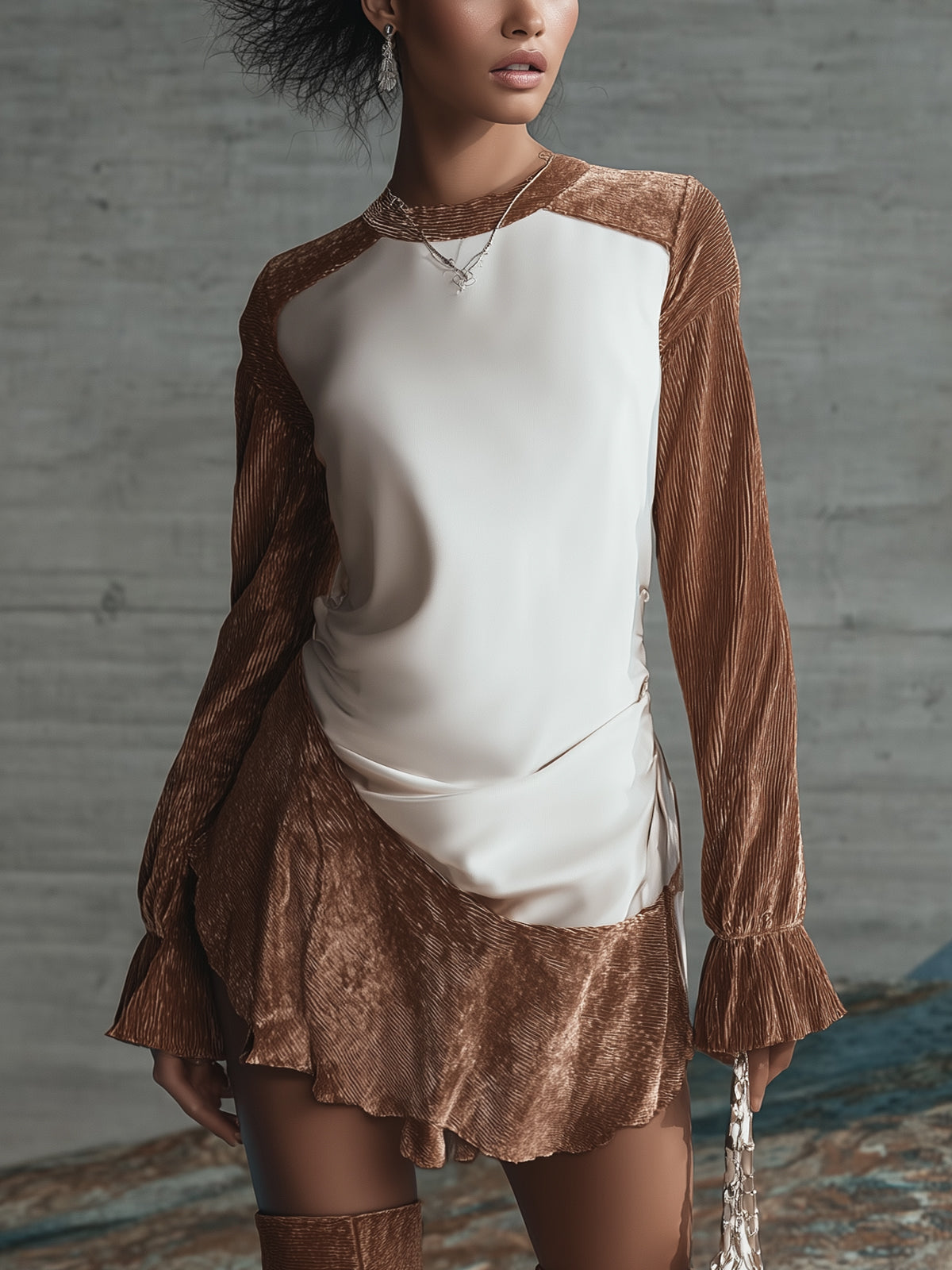 Brown Velvet And Ivory Satin Patchwork Mini Dress With Flared Sleeves
