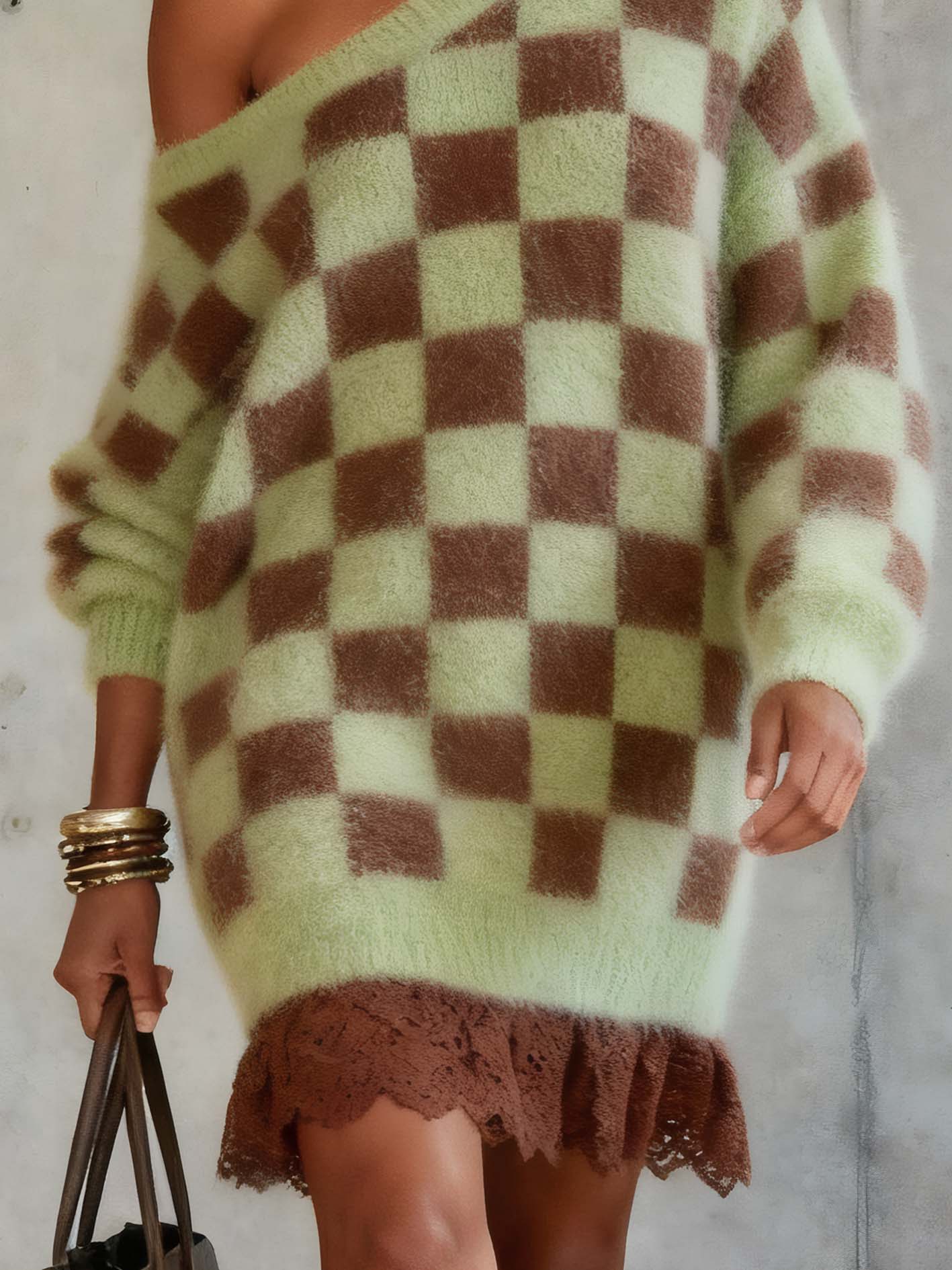 One Shoulder Plaid Light Green Mohair Knitted Mini Dress