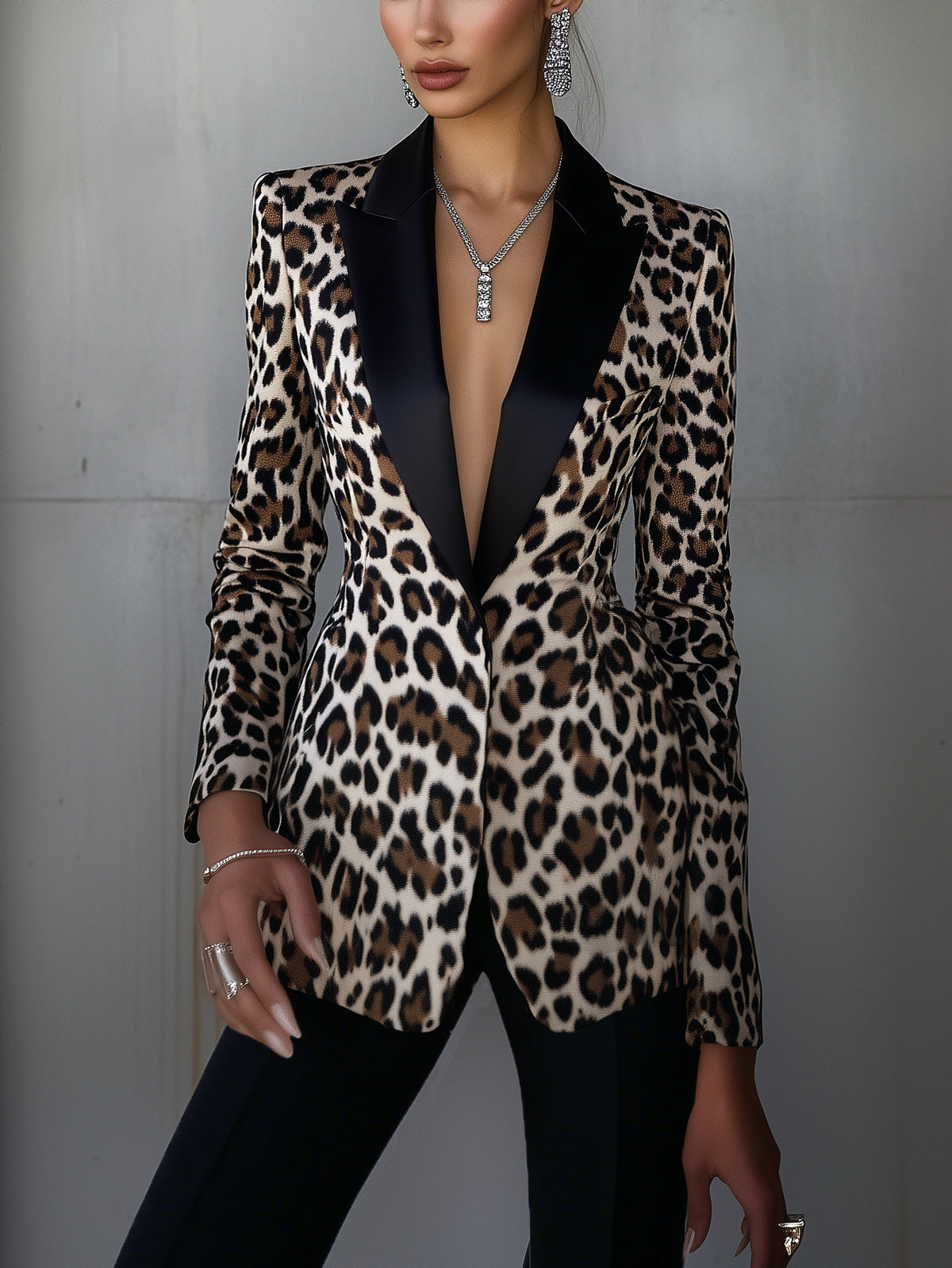 Beige Leopard Satin Peak Lapel Long Sleeve Tailored Blazer