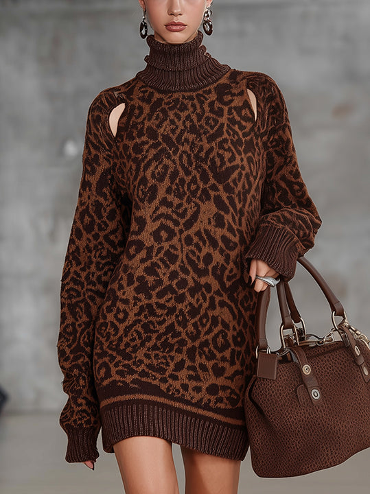 Brown Leopard Print Oversized Turtleneck Sweater Dress