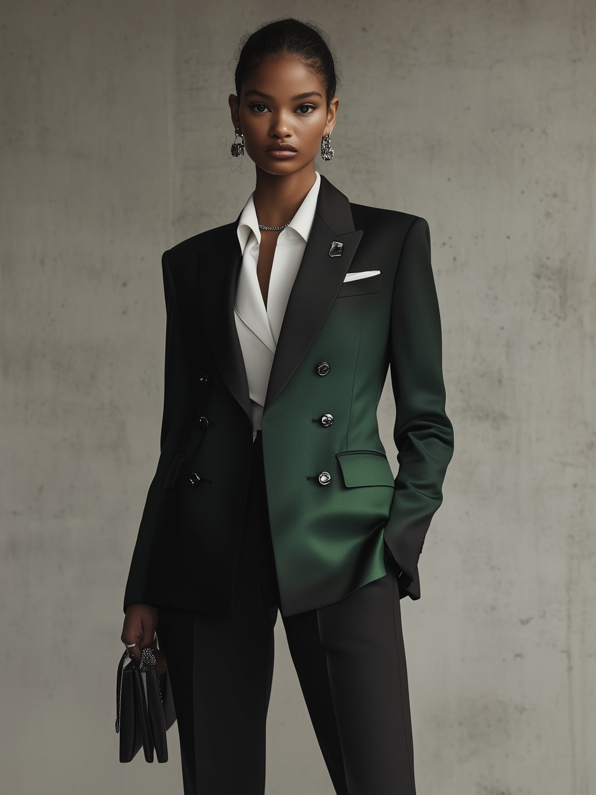 Black And Green Ombre Double Breasted V-Neck Long Sleeved Blazer