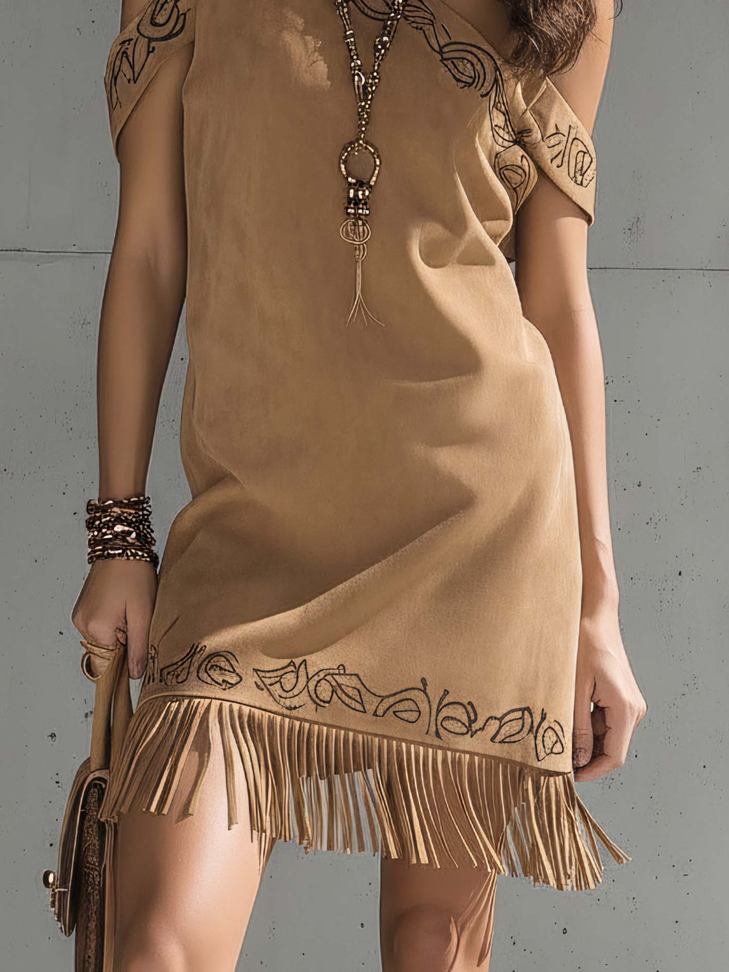 Khaki Faux Suede Mini Dress With Embroidered Details And Fringe Hem