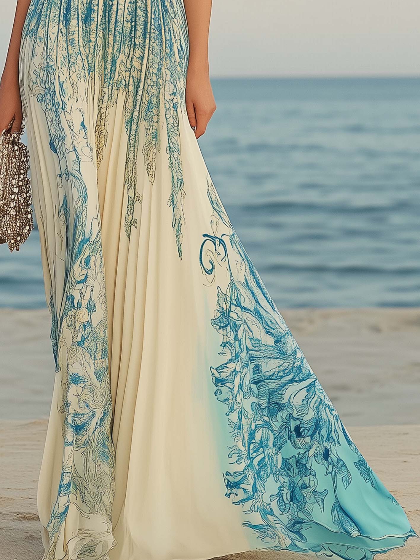 Beige Satin Maxi Dress With Teal Vintage Gradient Flowers