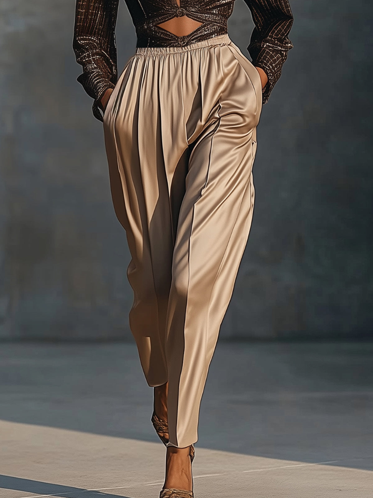 Crocodile Embossed Top And Satin Trousers Set