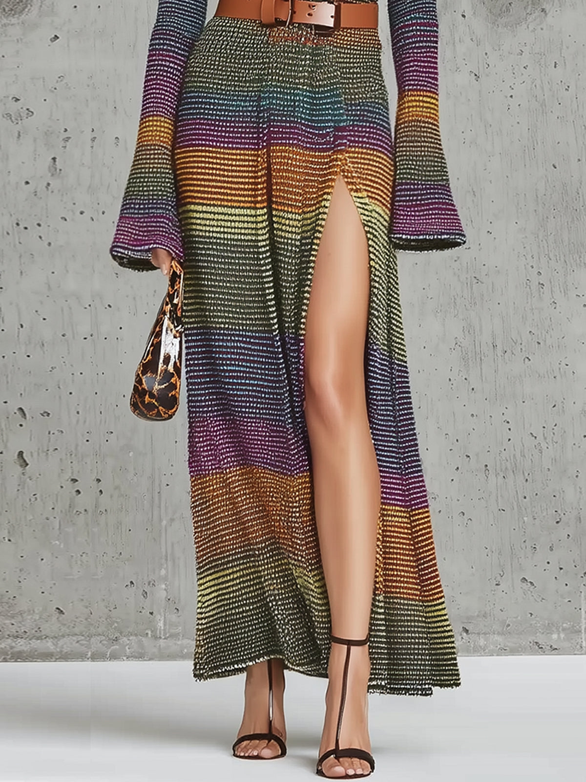 Multicolor Knit Deep V-Neck Midi Dress With Belt
