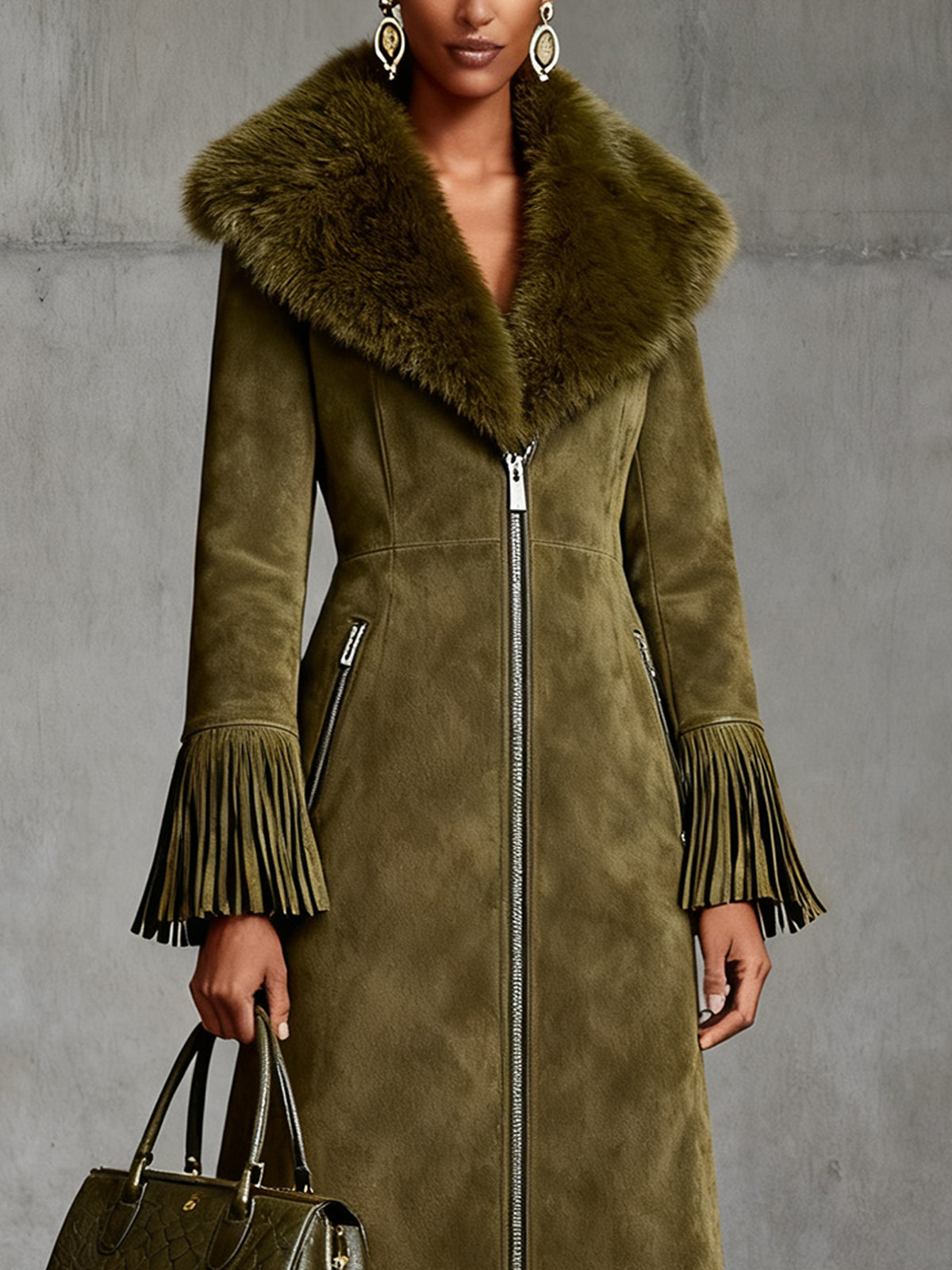 Olive Faux Suede Long Coat With Fur Collar And Fringed Cuffs
