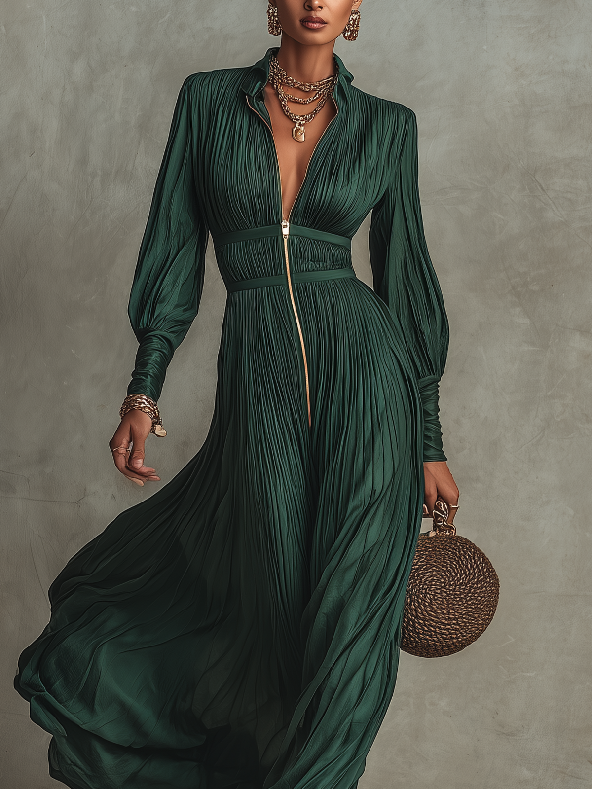 Green Pleated Chiffon Long Sleeve Zip-Front Maxi Dress