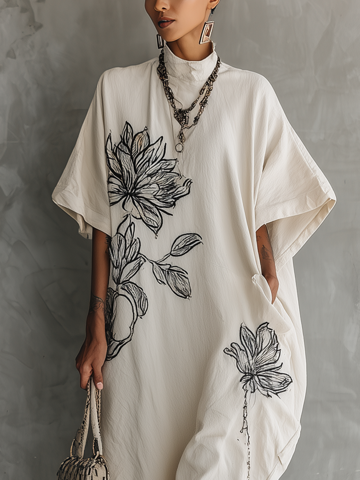 White Floral Embroidered High-Neck Batwing Maxi Dress