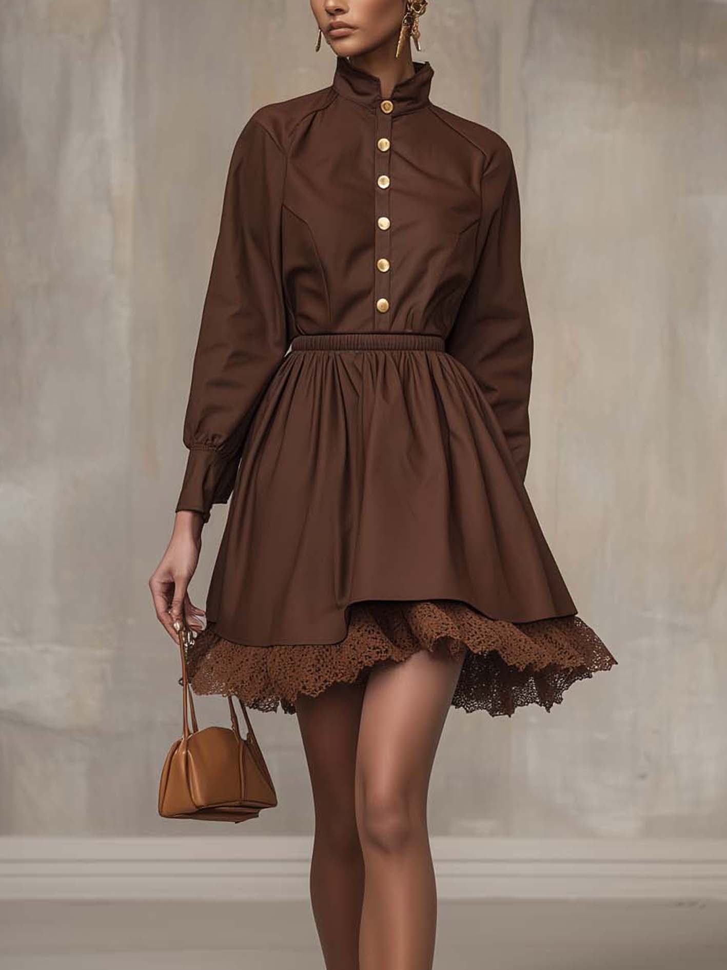 Brown Mini Trench Coat Dress With Lace And Buttons