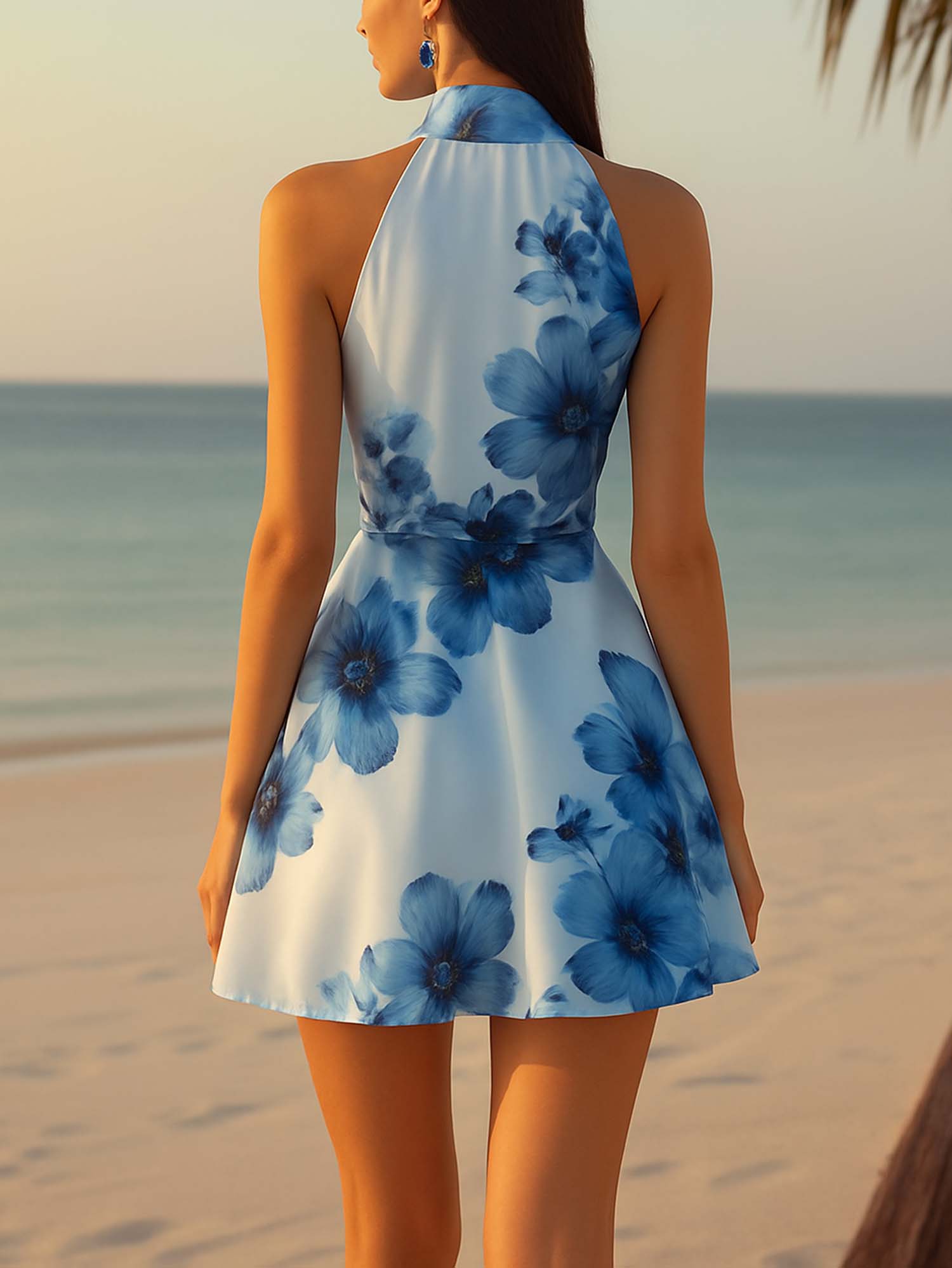 Satin Mini Dress With Gradient Flowers And Blue