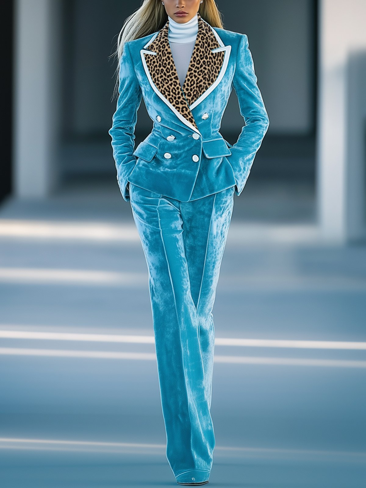 24-Hour-Shipping Stylish Blue Velvet Suit With Leopard Print Lapel