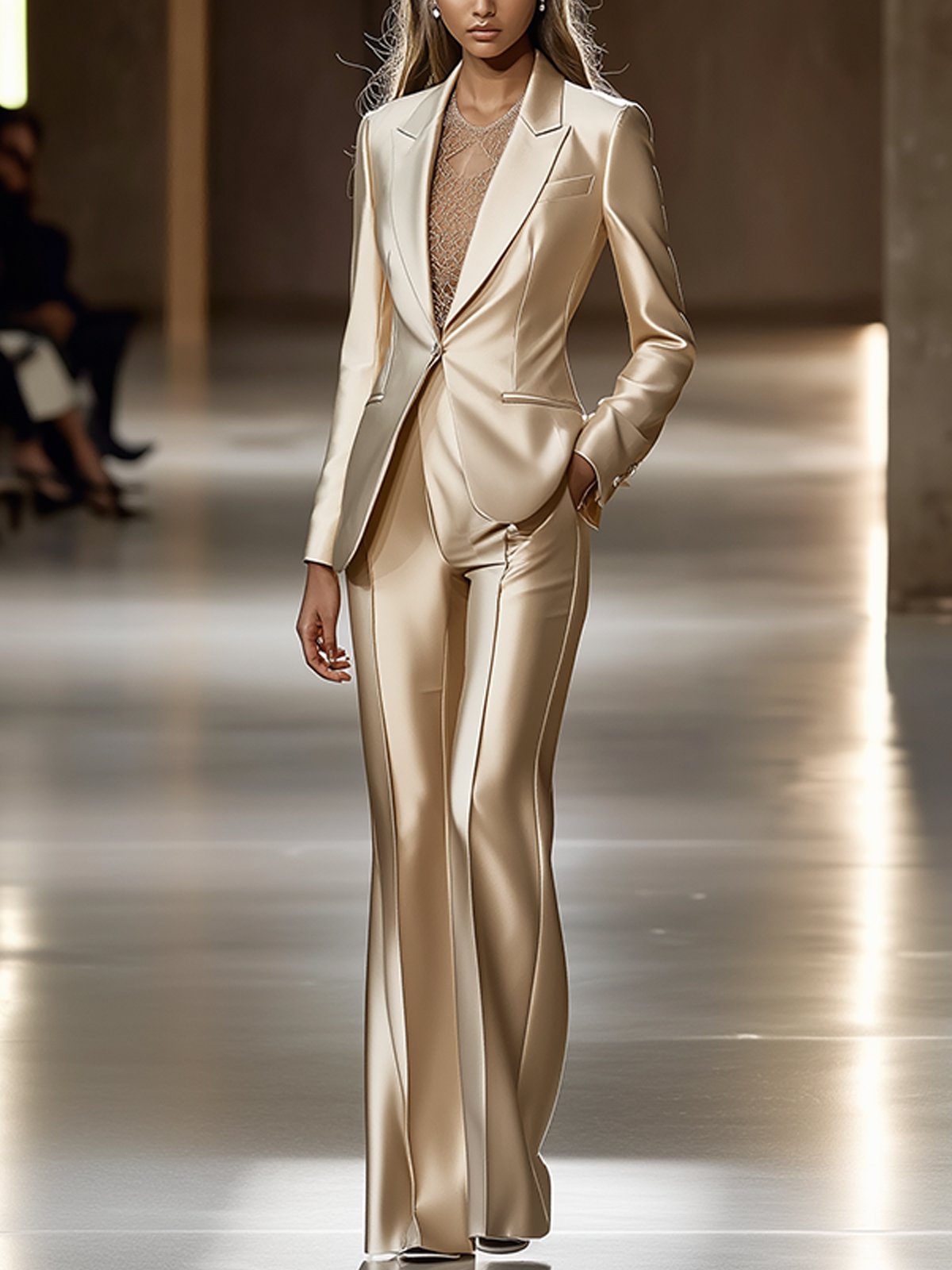 24-Hour-Shipping Chic Beige Satin Suit
