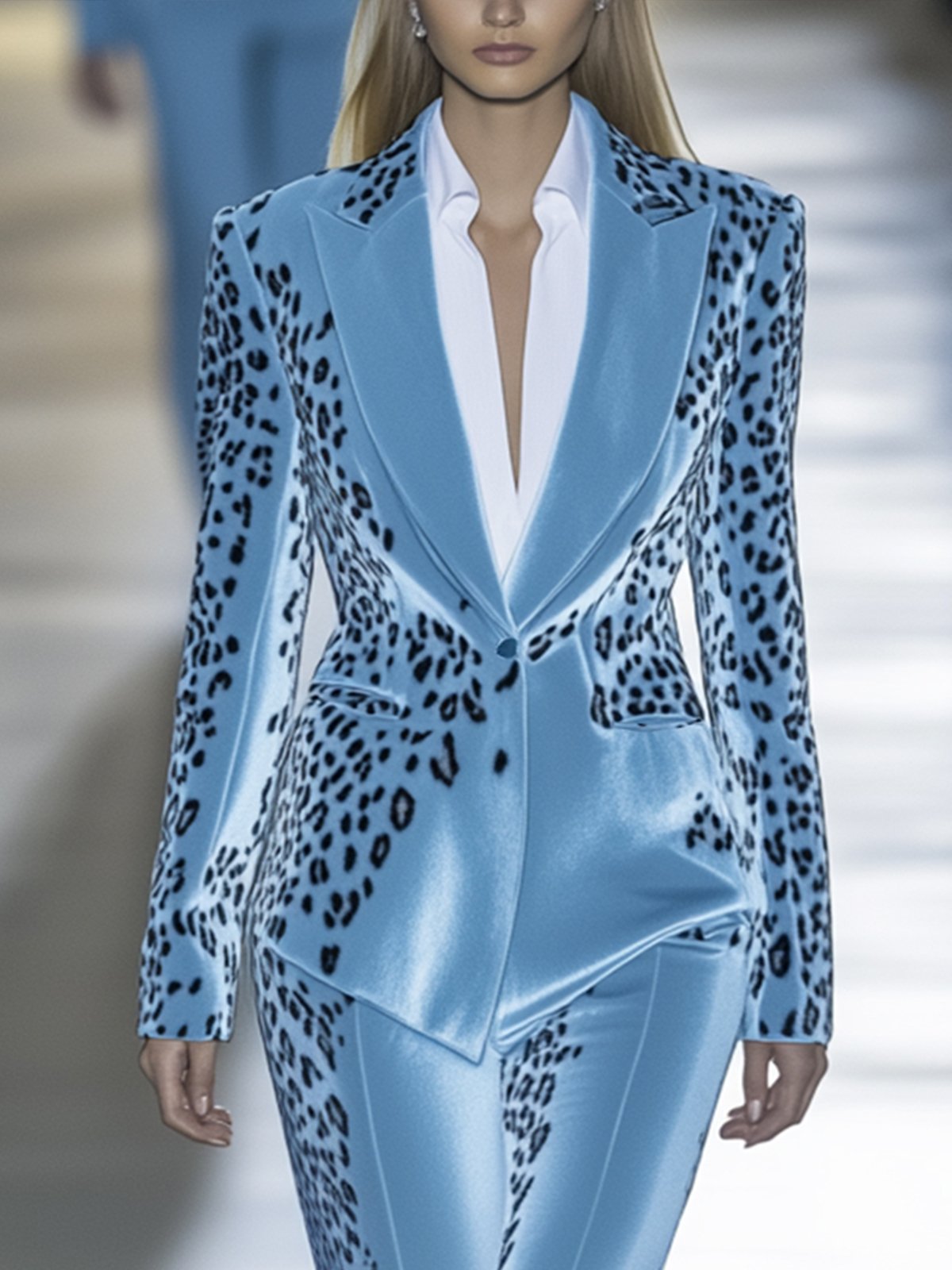 24-Hour-Shipping Sky Blue Velvet Leopard Print Blazer And Pants Suit