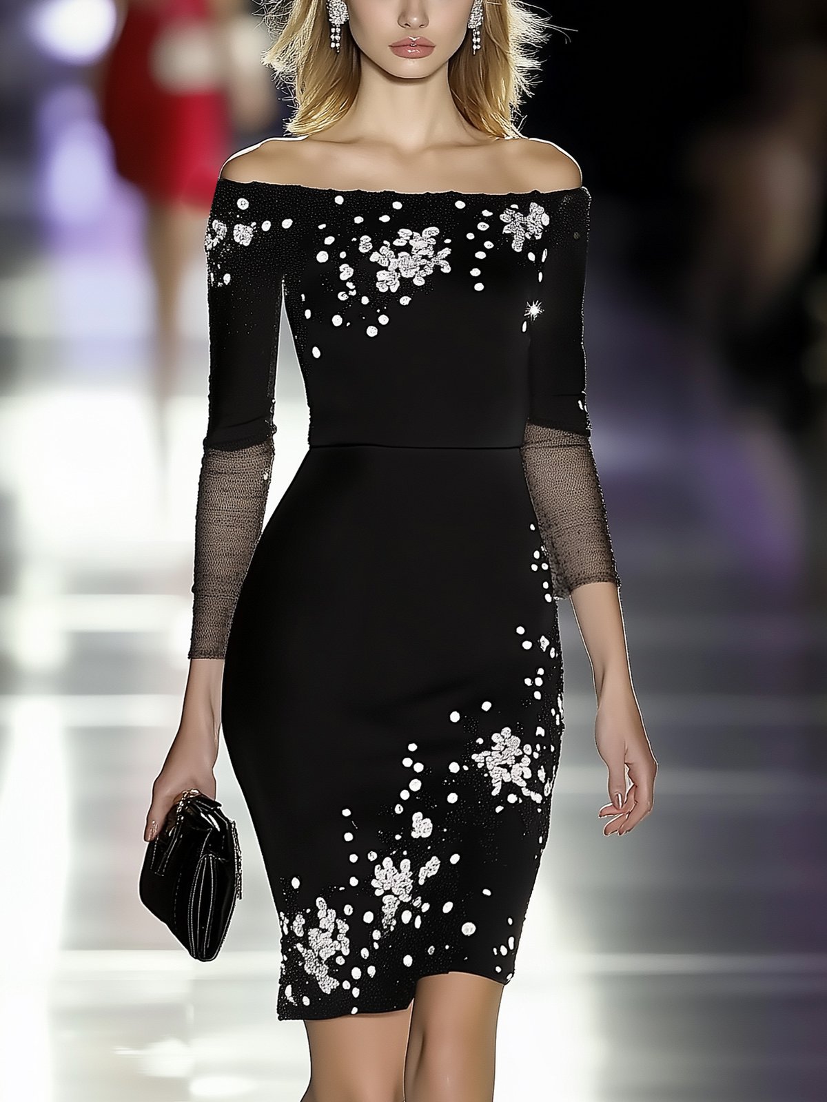 Off Shoulder Mesh Overlay Printed Midi Bodycon Dress main image 1