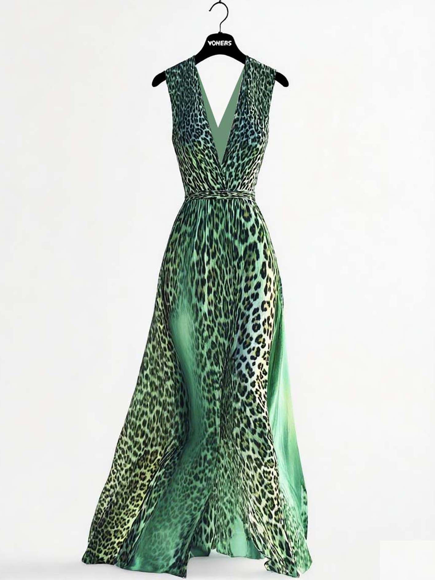 Green Elegant Maxi Dress With Gradient Leopard Print