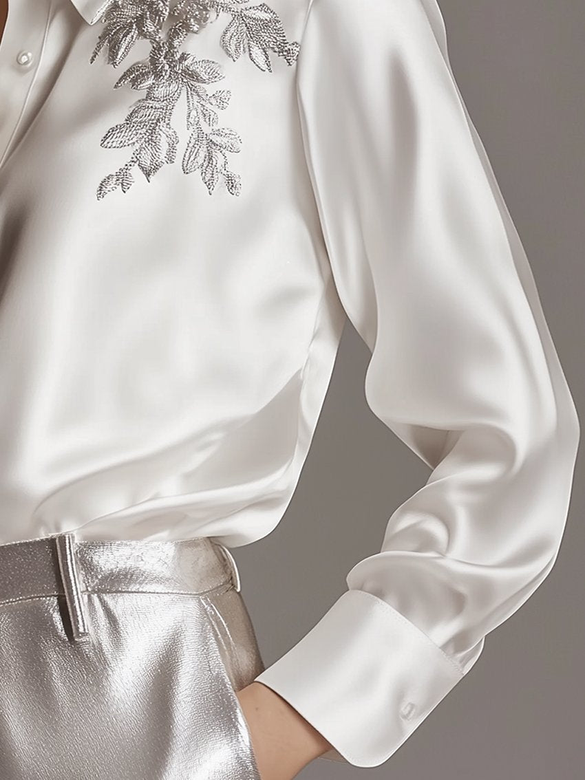 24-Hour-Shipping White Satin Blouse With Silver Plant Embroidery