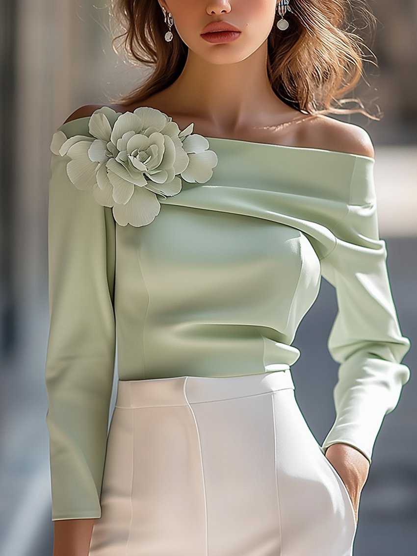 Light Green Off-The-Shoulder Shirt With 3D Flower Decoration