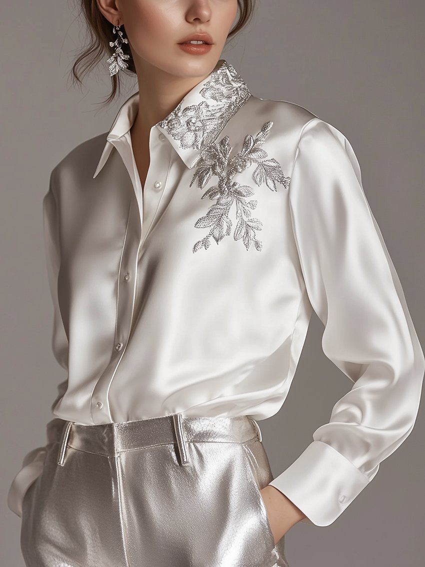 24-Hour-Shipping White Satin Blouse With Silver Plant Embroidery