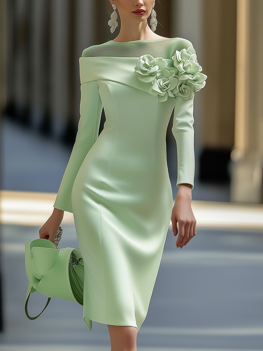 24-Hour-Shipping Light Green Midi Pencil Dress With Mesh And 3D Flower Decoration