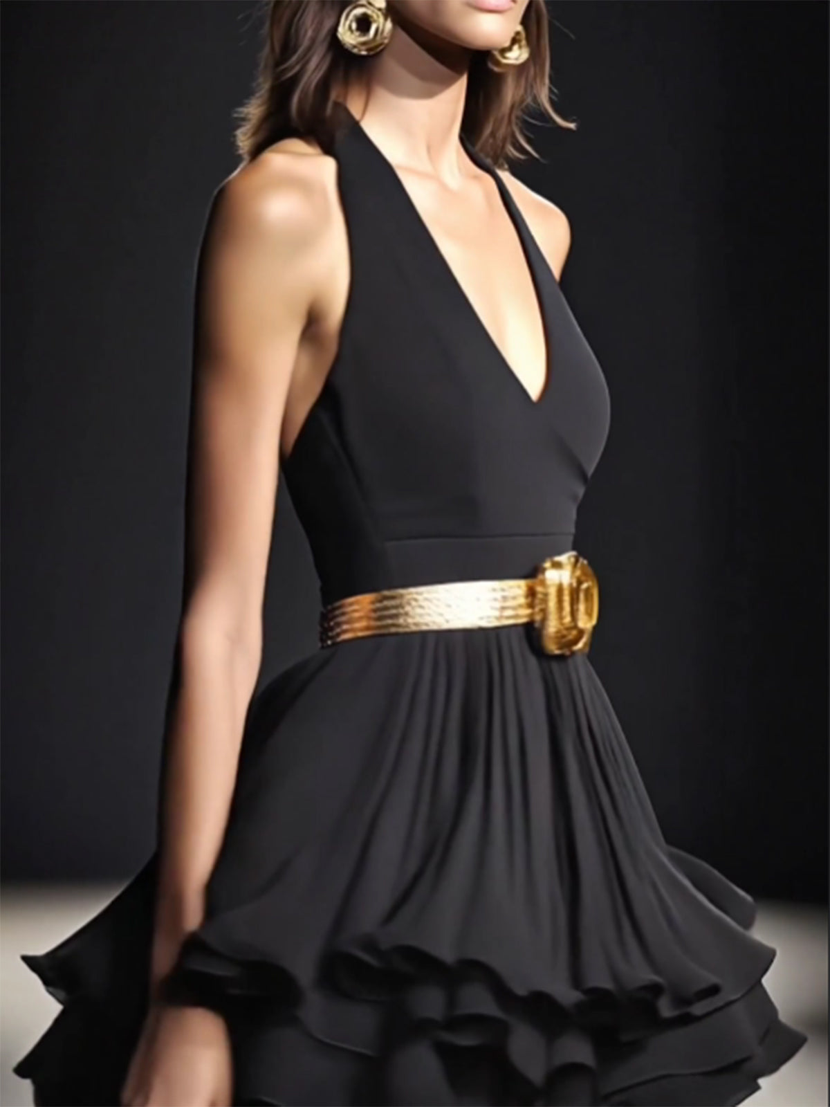 Black Halter Ruffle Mini Dress With Gold Belt