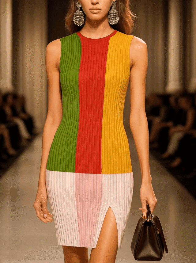 24-Hour-Shipping Colorful Block Stitching Sleeveless Midi Knit Dress