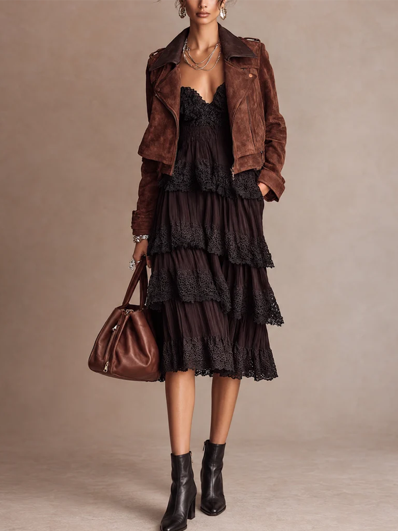 Dark Brown Lace Tiered Slip Midi Dress With Cropped Suede Moto Jacket Set