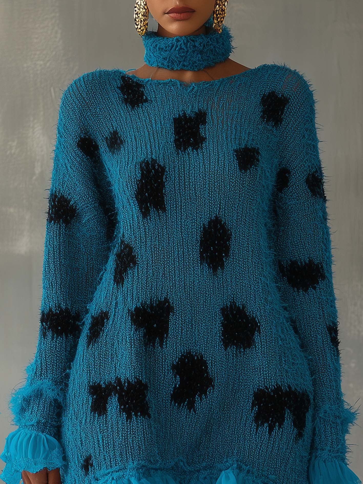 Cyan Knitted Mini Dress With Black Irregular Polka Dots