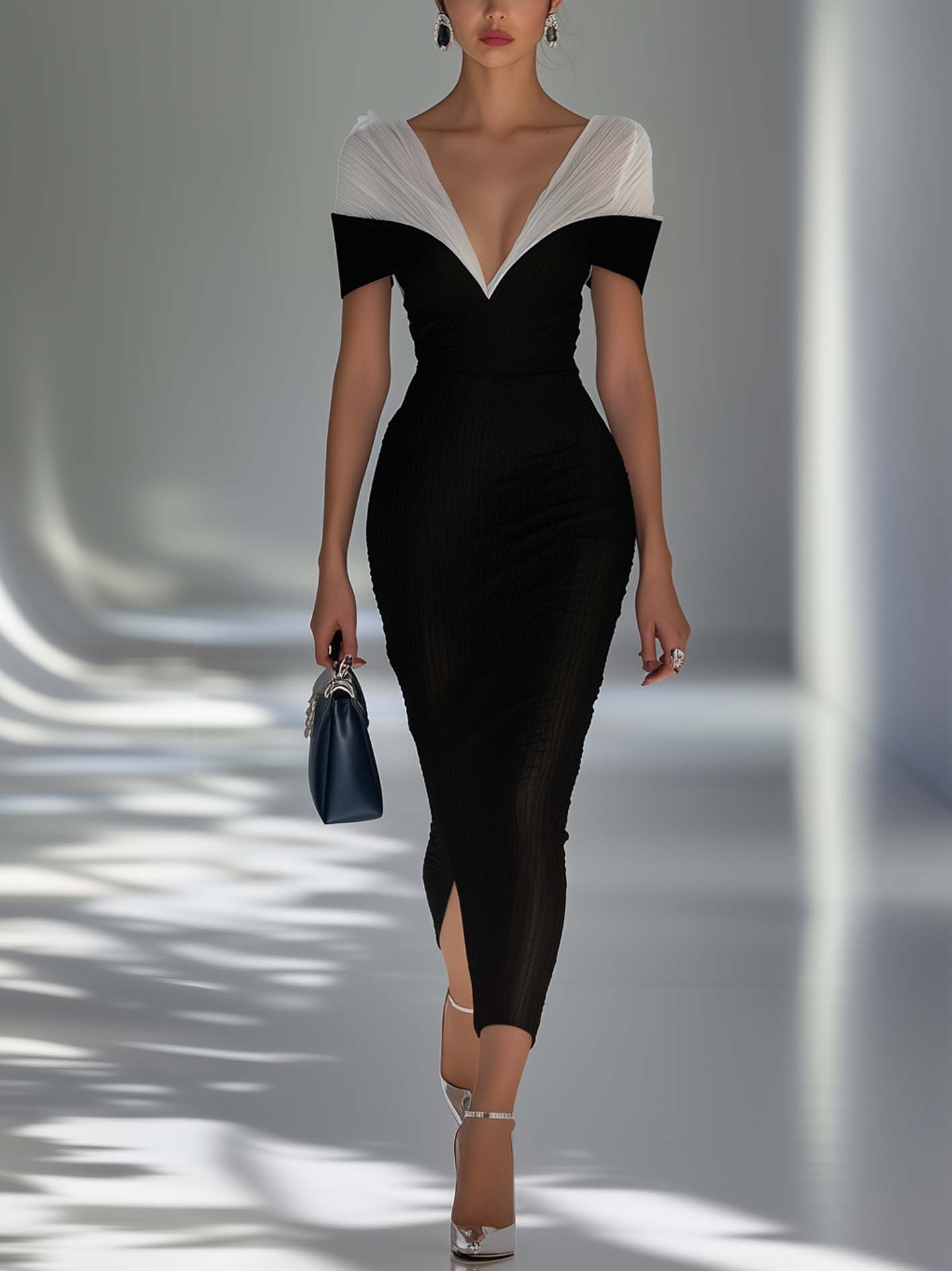 Black Maxi Bodycon Dress With Organza Patchwork Neckline