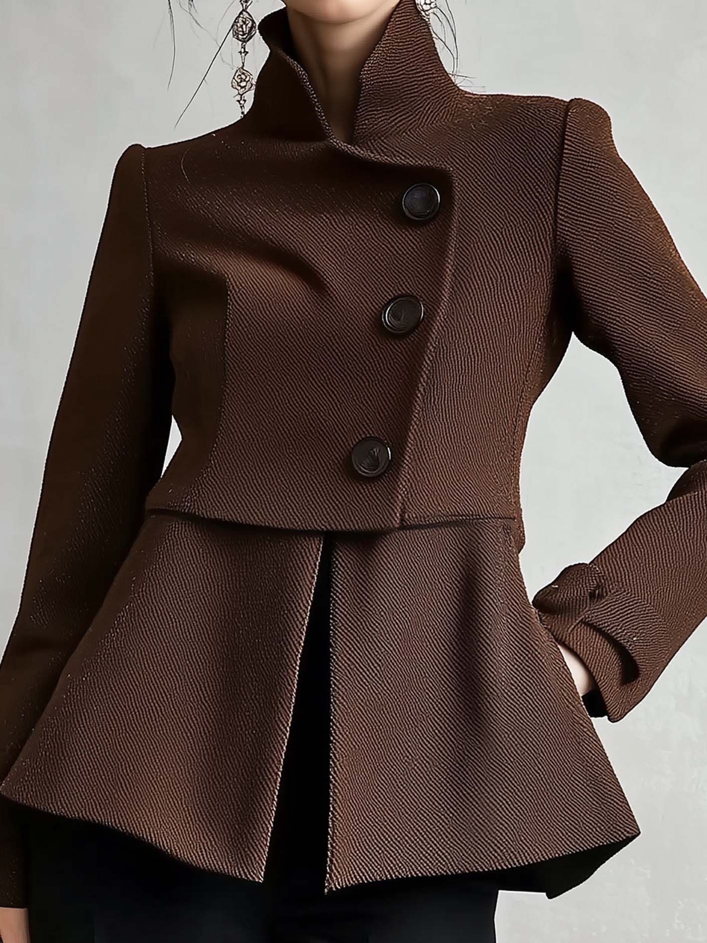 Brown Stand-up Collar Jacket With Stylish Double-breasted Buttons