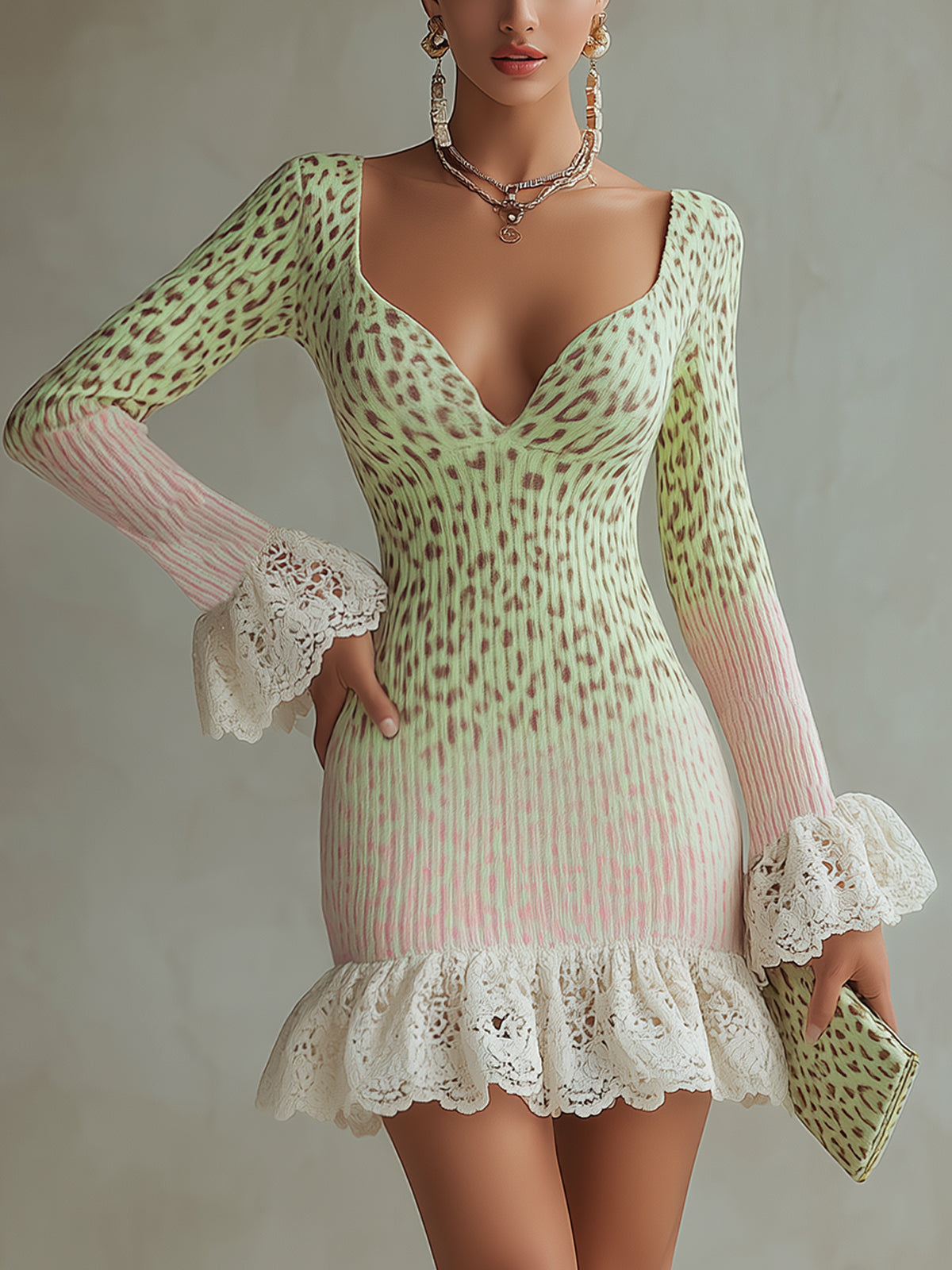 Pastel Leopard Lace Trimmed Sweetheart Mini Dress
