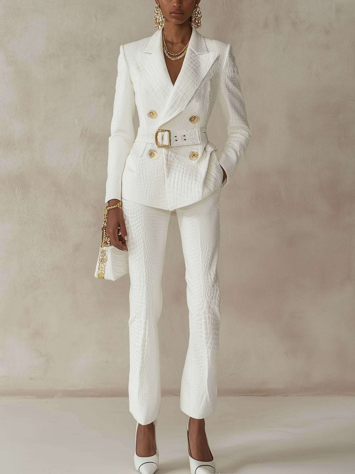 White Crocodile Embossed Double Breasted Belted Suit