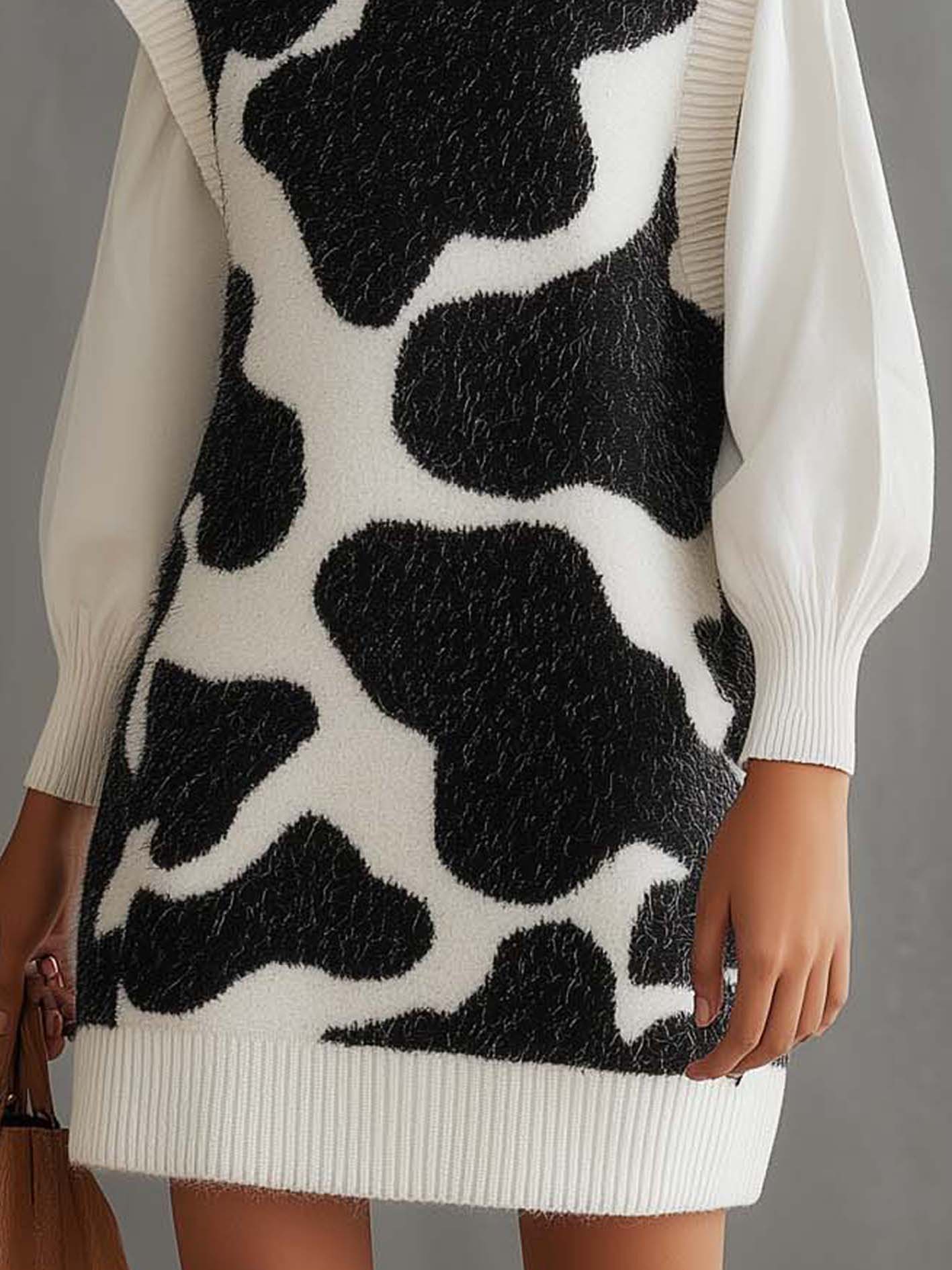 Fashion Patchwork Cow-print White Knitted Mini Dress