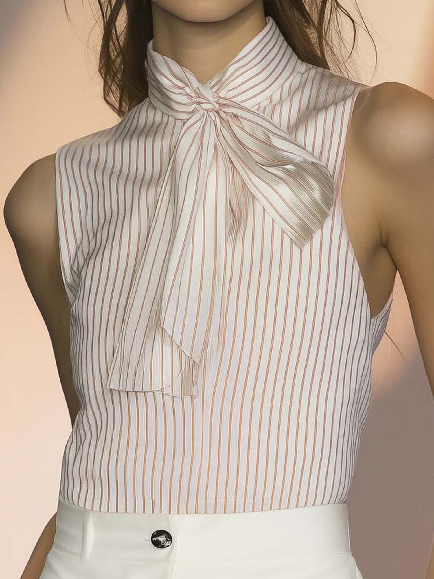 Elegant White Satin Shirt With Pink Stripes