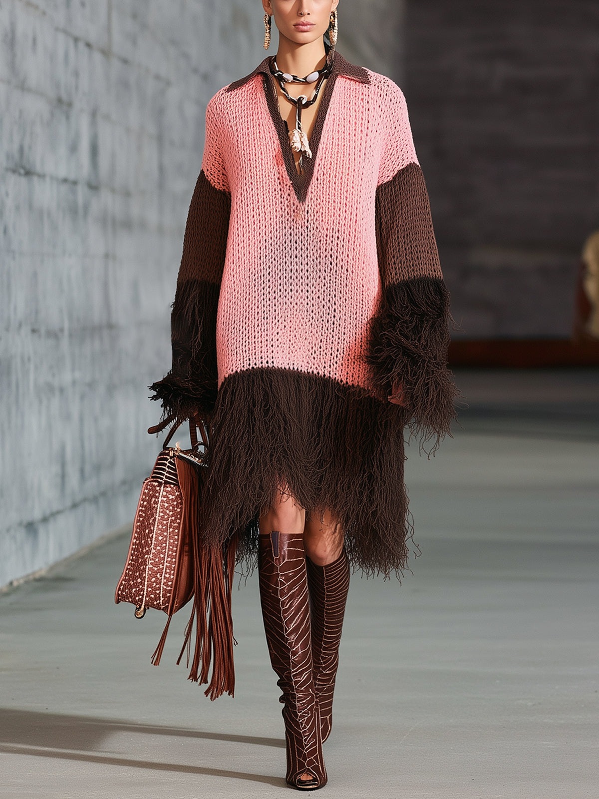 Pink Bohemian Fringed Colorblock Knit Skater Dress