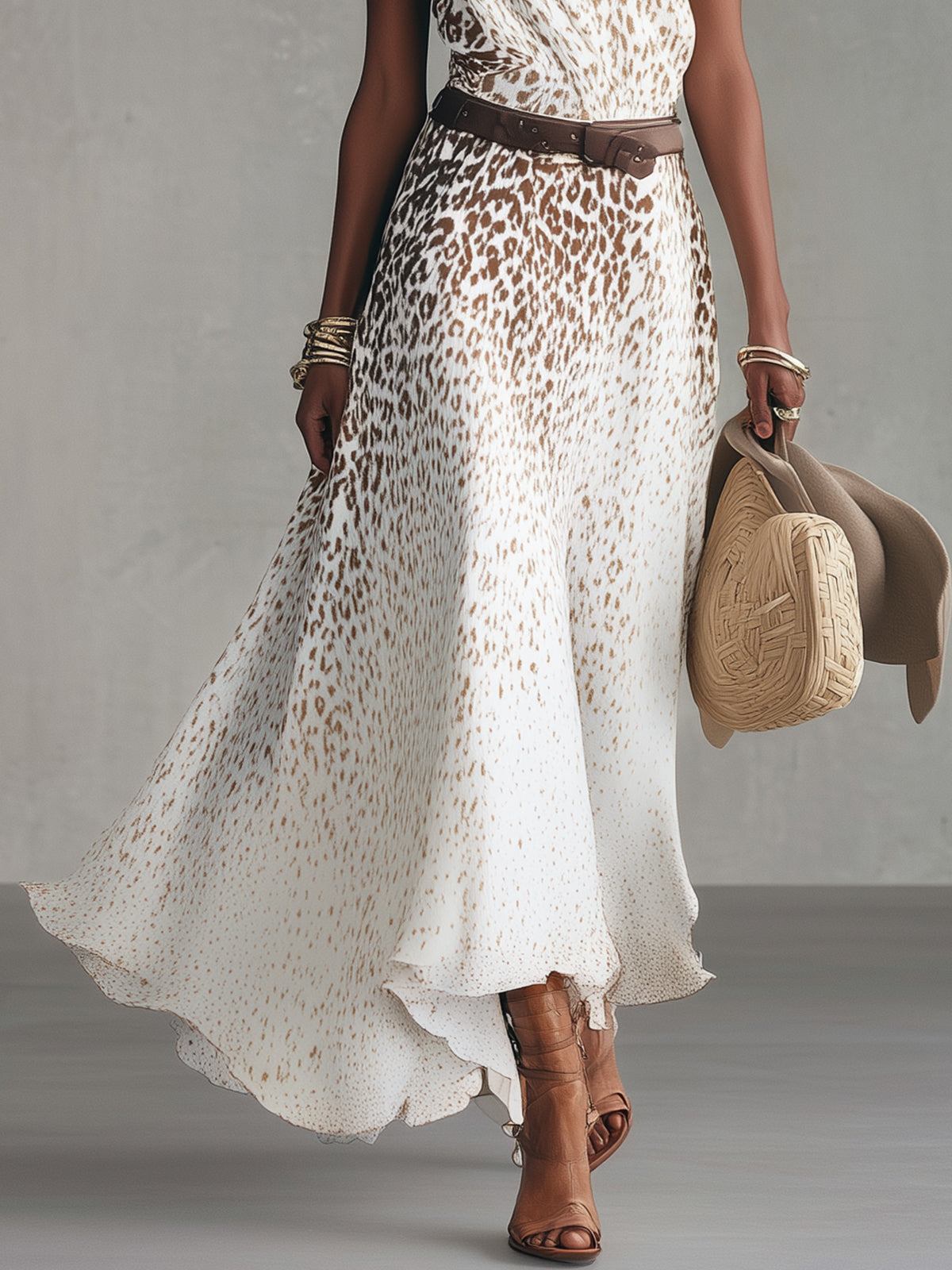 One-Shoulder Animal Print Belted Flowy Maxi Dress