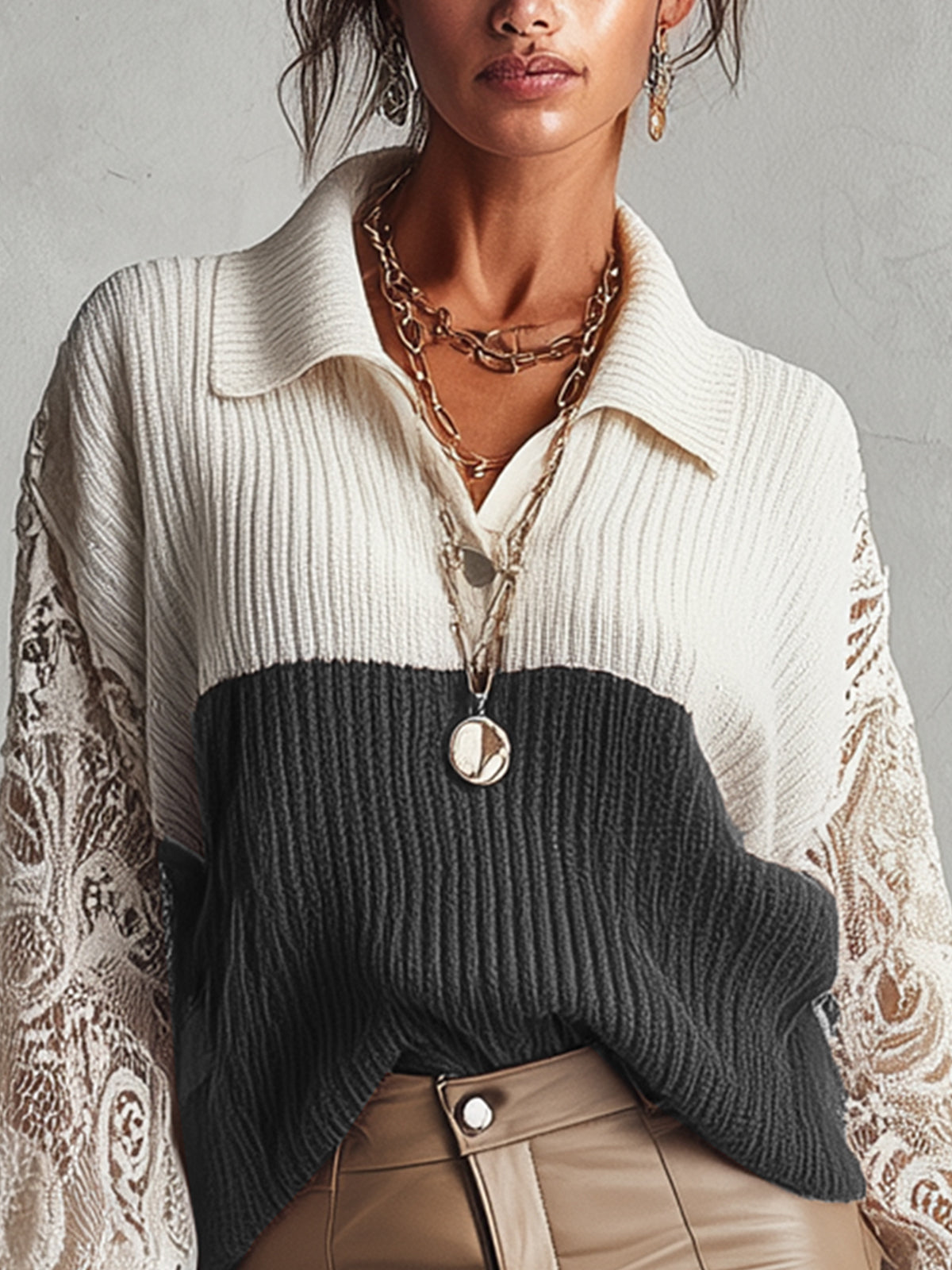 White And Black Knit Sweater With Lace Balloon Sleeves