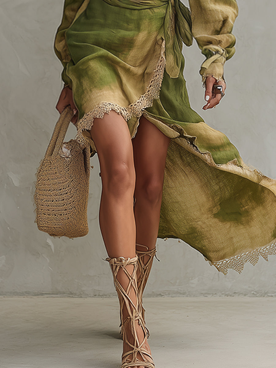 Green Cotton Linen Tie Dye Off Shoulder Lace Midi Dress