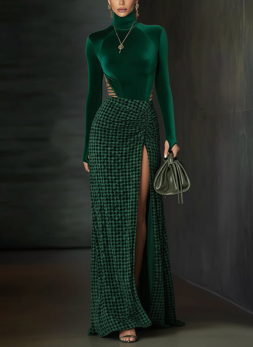 Emerald Velvet Houndstooth High Slit Maxi Dress