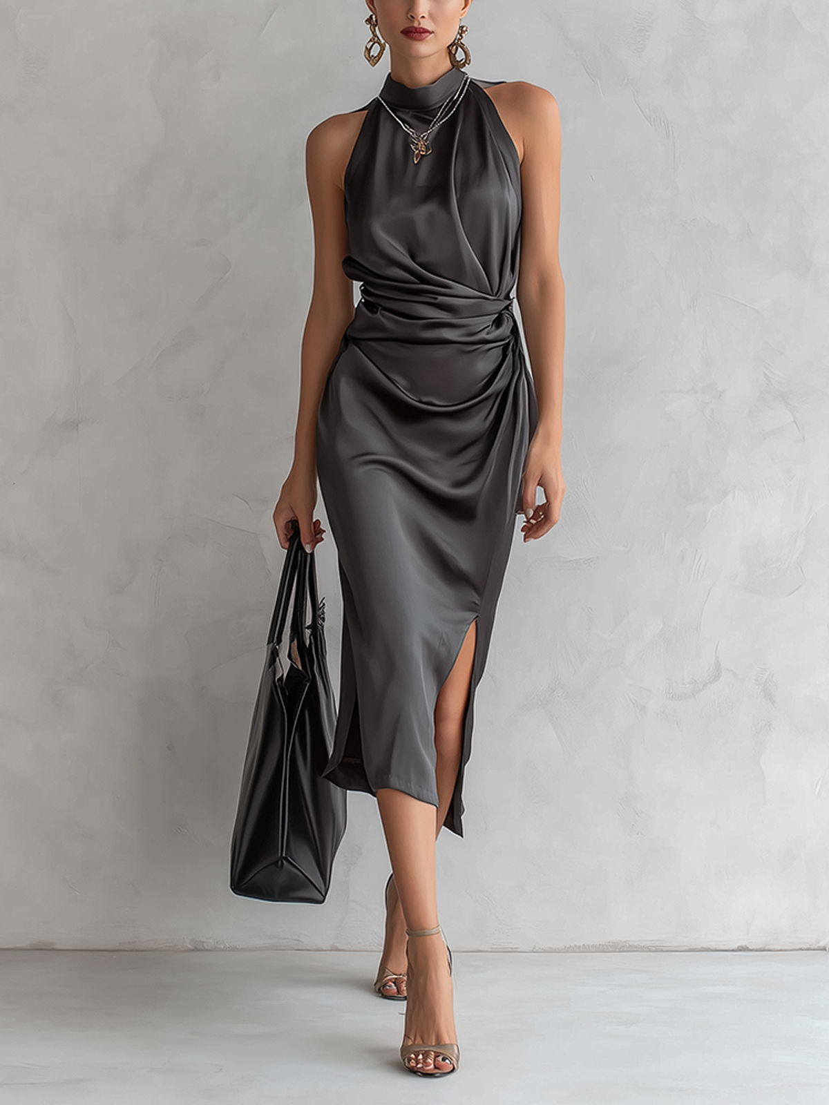 Gray Satin Draped Halter Midi Dress