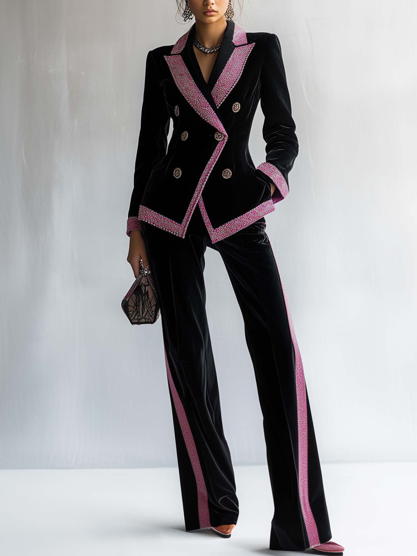 Double-breasted Black Velvet Suit With Pink Printed Lines