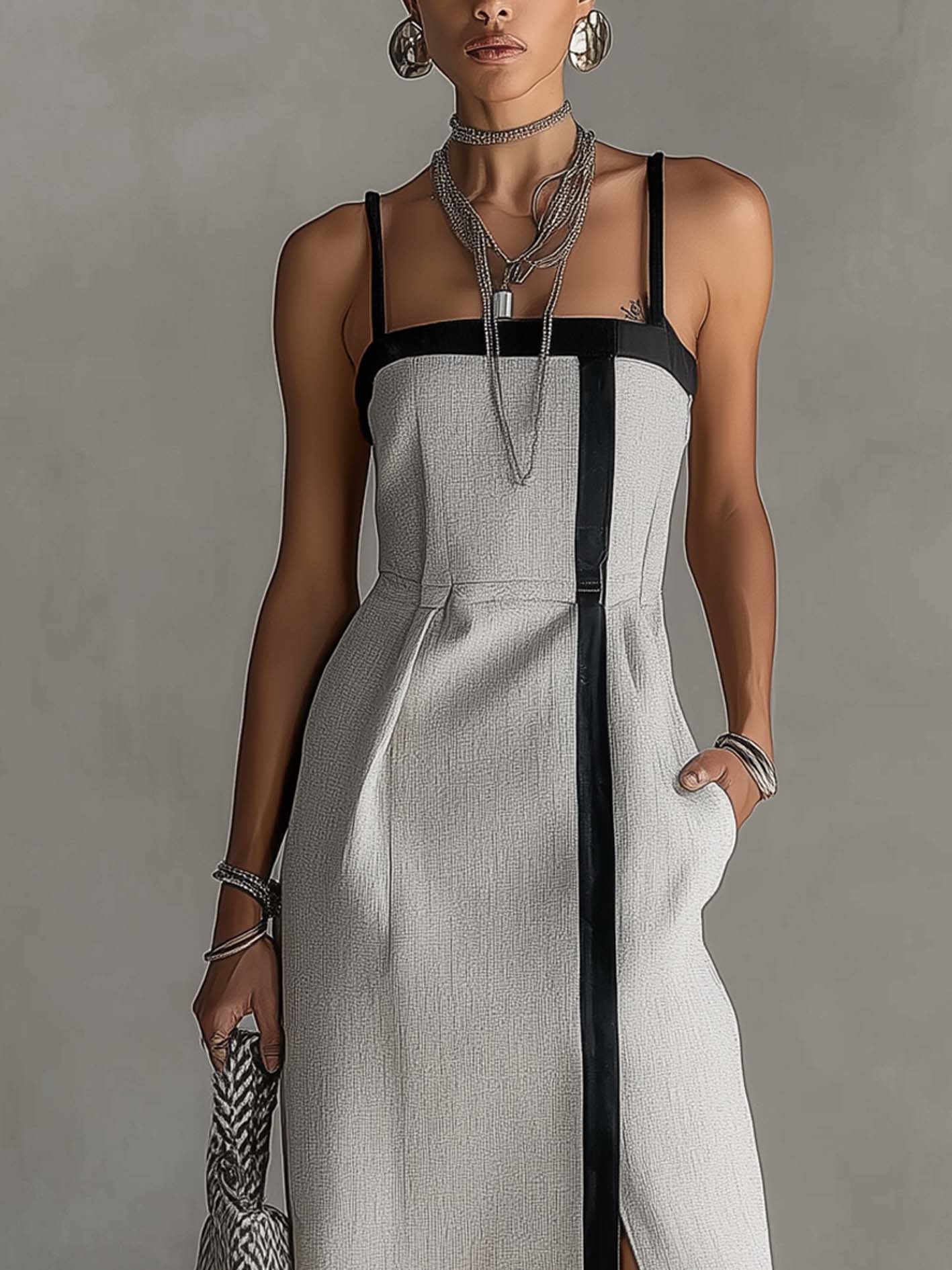 Light Gray Linen Cotton Maxi Dress With Side Slit And Black Trim