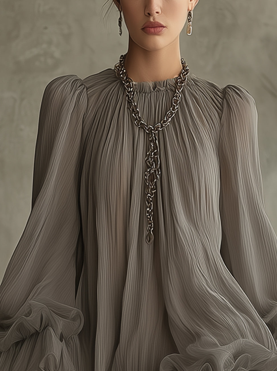 Gray Pleated Chiffon Ruffle Hem Puff Sleeve Mini Dress