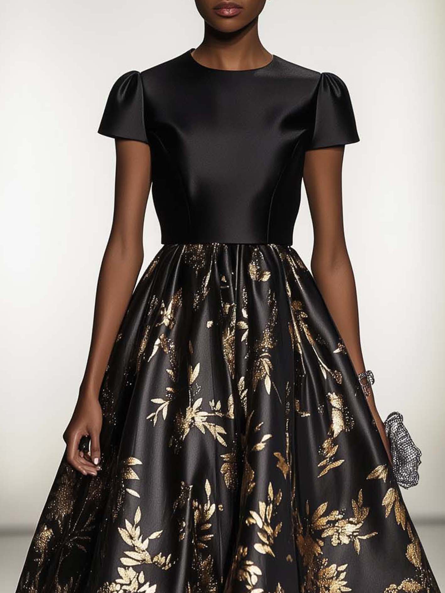 Black Satin Maxi Dress With Gold Botanical Print