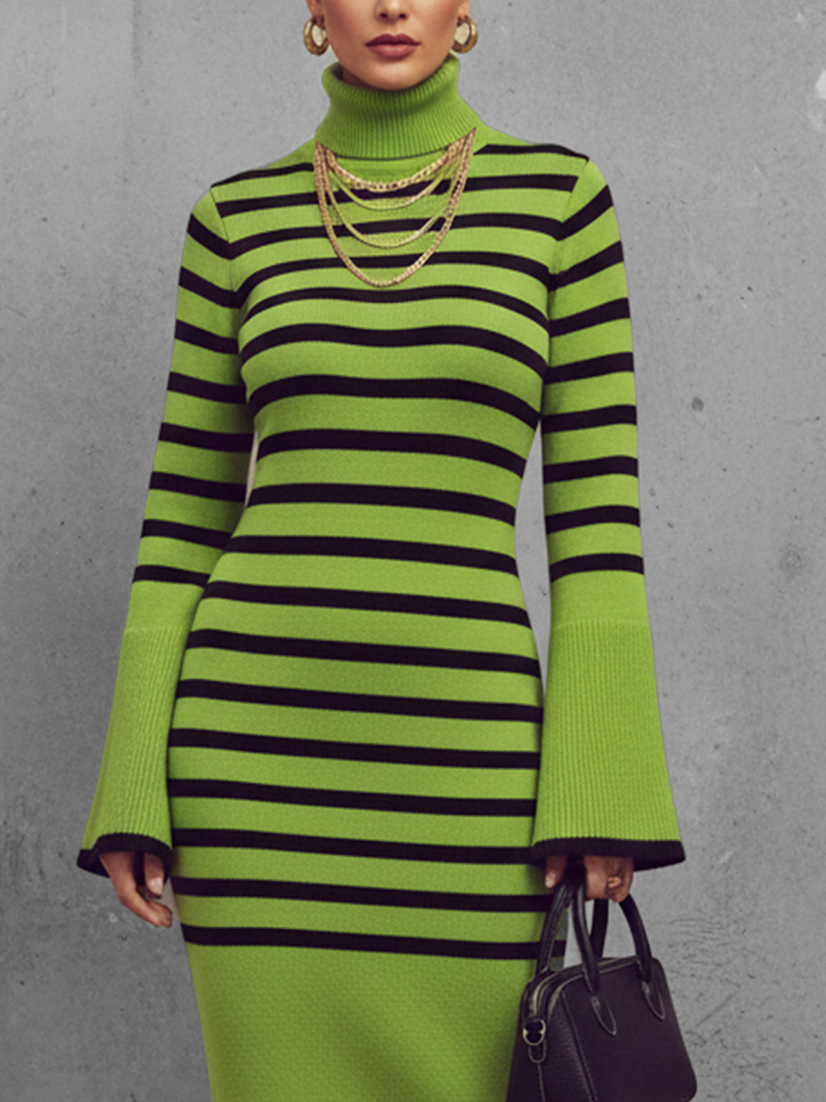 Green And Black Striped Turtleneck Maxi Dress With Bell Sleeves