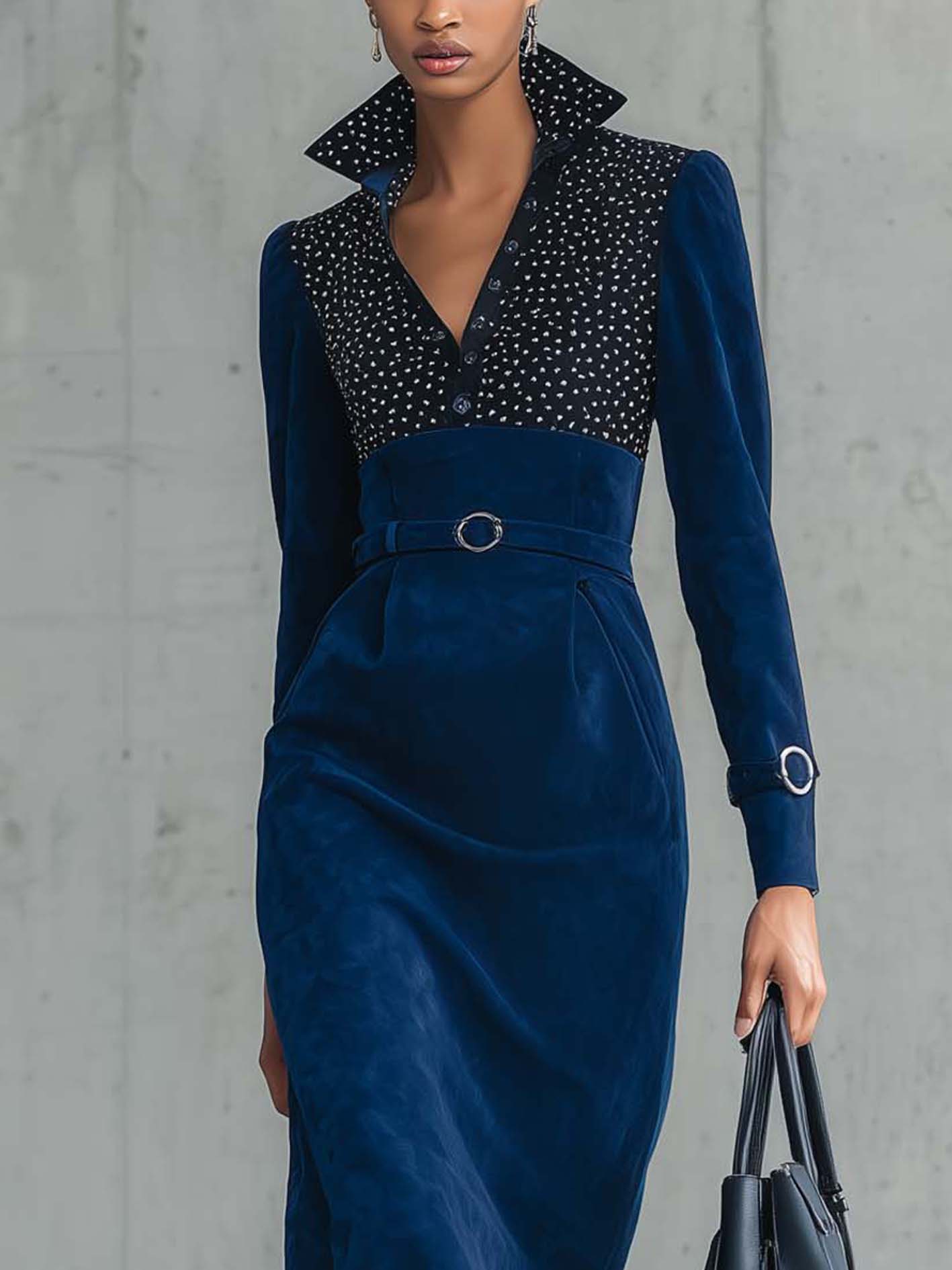 Navy Blue Faux Suede Bodycon Dress With Polka Dots
