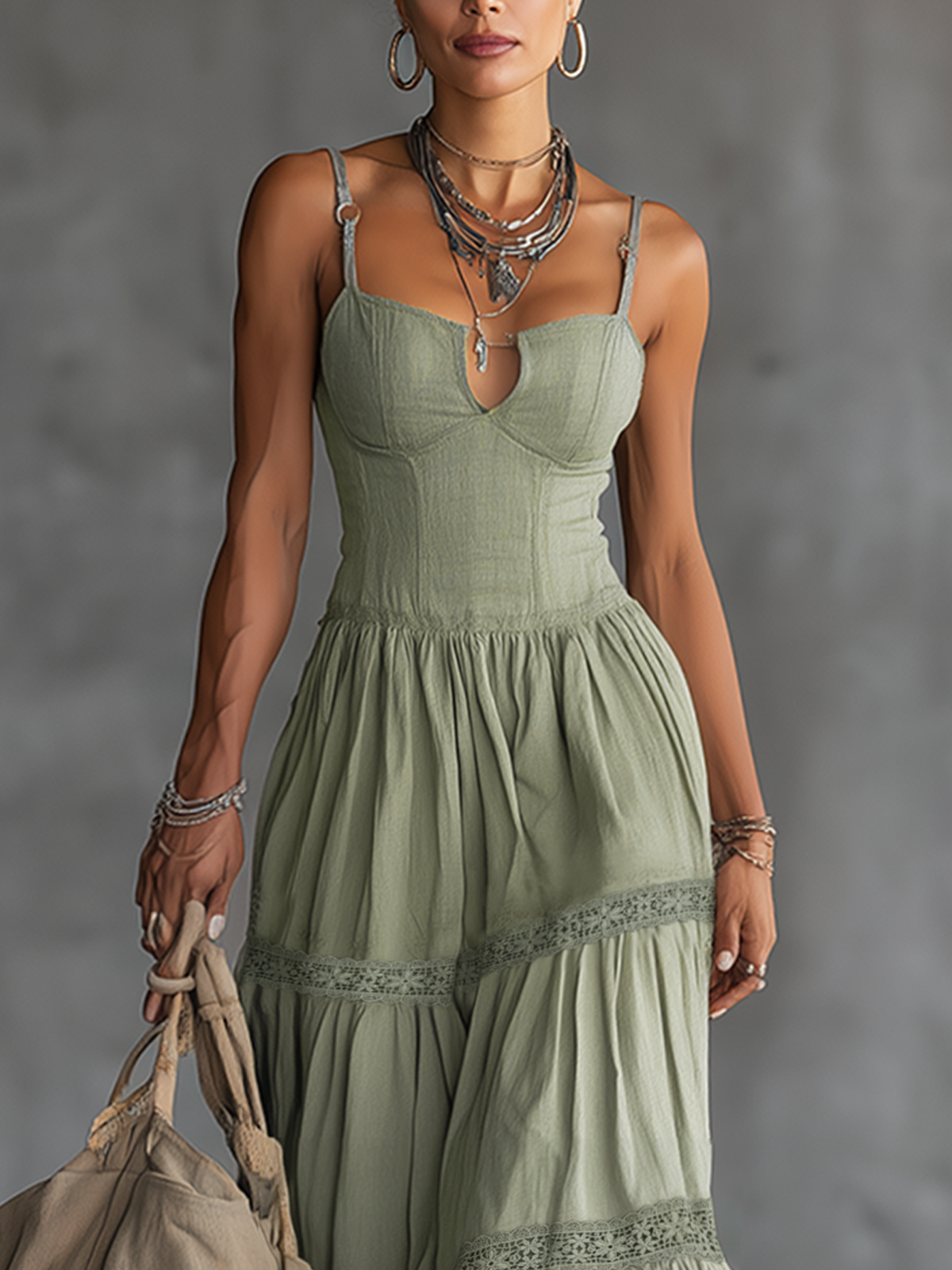 Green Lace-Trimmed Cotton Tiered Maxi Dress