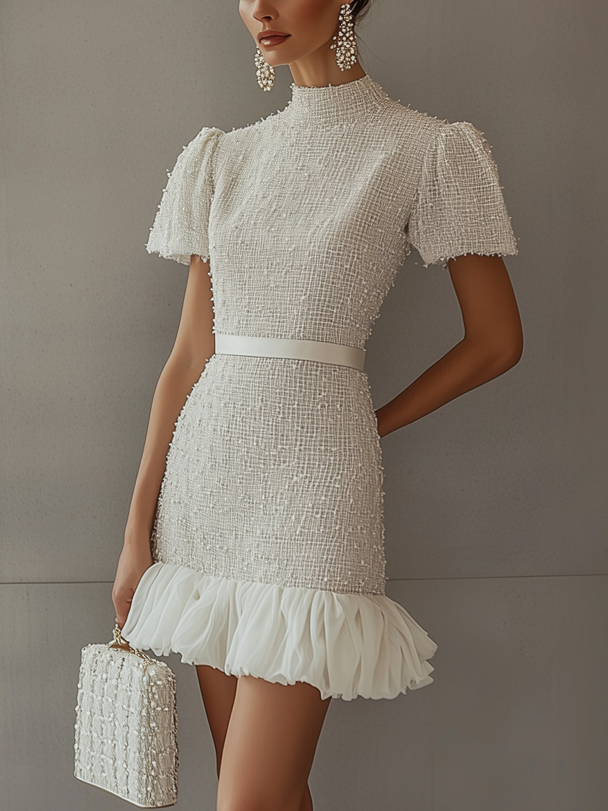 Ivory Textured Tweed Mini Dress With Ruffled Hem
